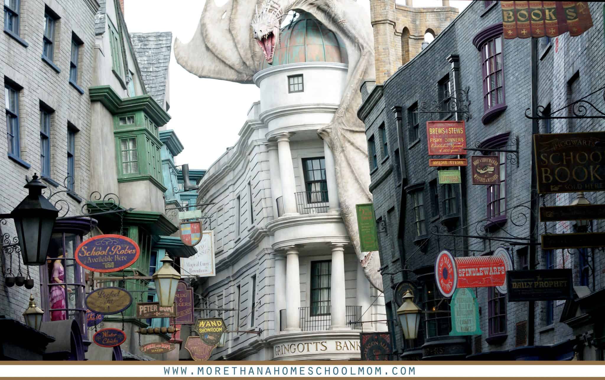 Intro to Diagon Alley with view of dragon on Gringotts bank - #UniversalStudios #DiagonAlley #Travel #Florida #orlando #Universal