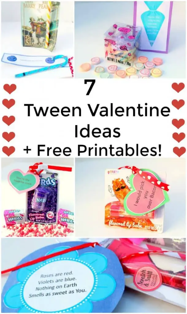 These tween valentine ideas are perfect for the tween who still wants to give valentines but wants a more teen valentine. Don't miss these free printabel tween valentines. Themes include bacon, nerds, rainbows, body spray, cupcakes, and more. These free valentines are the perfect way for your tween to enjoy valentines. 
