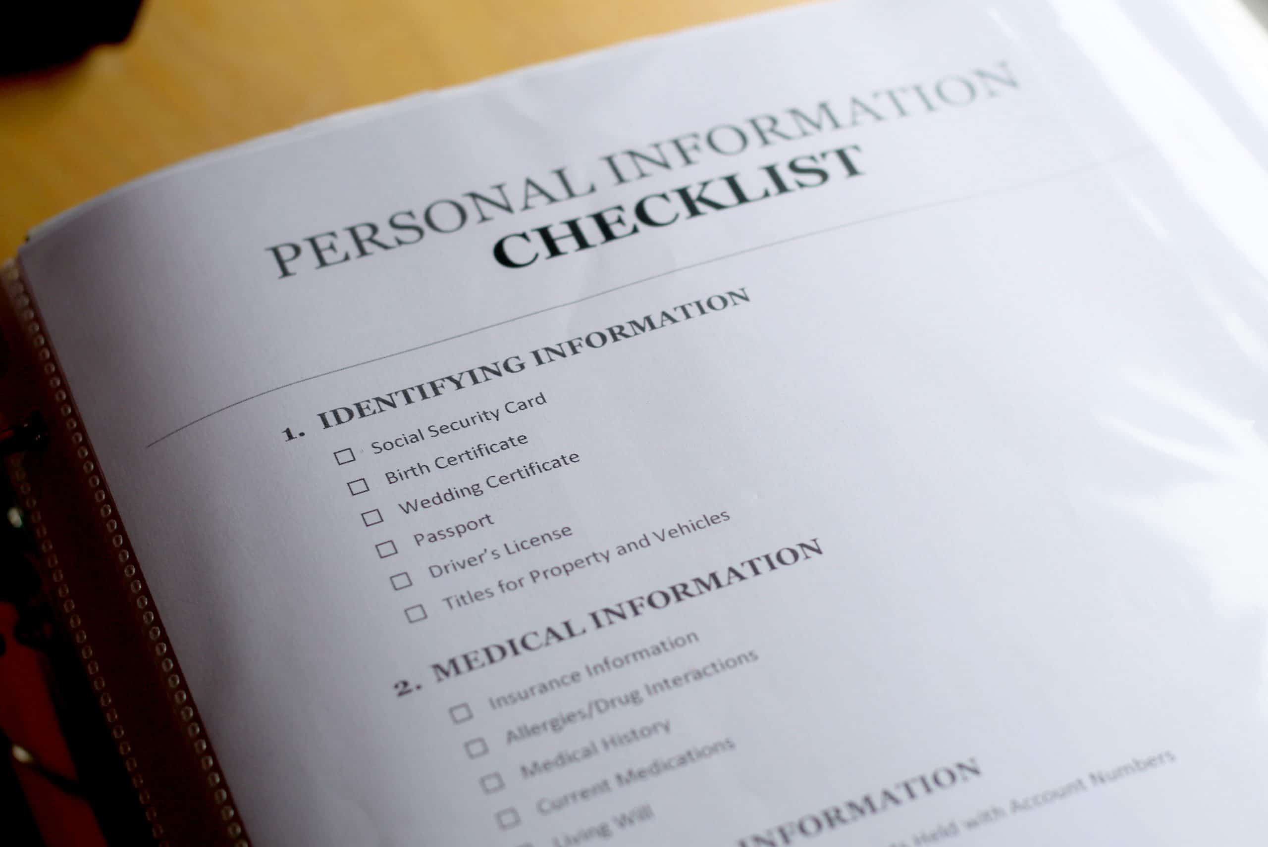 Personal Information Checklist Printable for a Emergency Planner