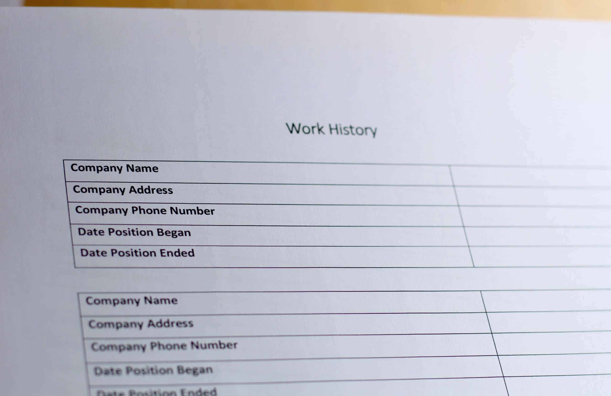 Work History form printable